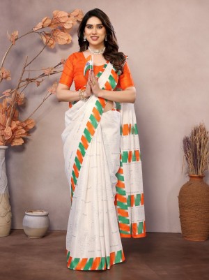 Heavy Khadi With Running Blouse White Saree